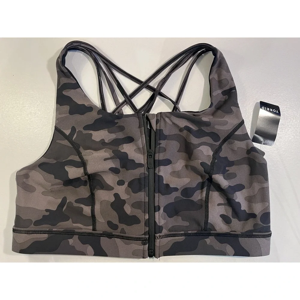 NWT Torrid Happy Camper Camo Zip Front Sports Bra 1X 14/16 Strappy Back Plus